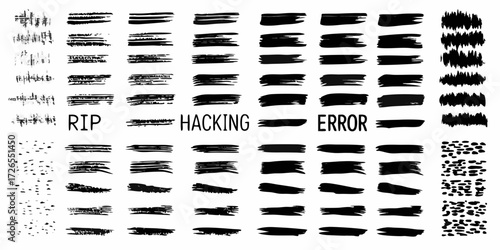 Collection of hand drawn black brush strokes and text elements for graphic design and digital art