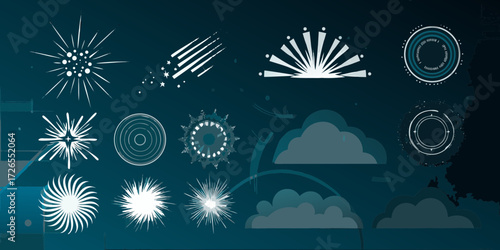 Collection of abstract futuristic and explosive graphic elements on a dark blue background