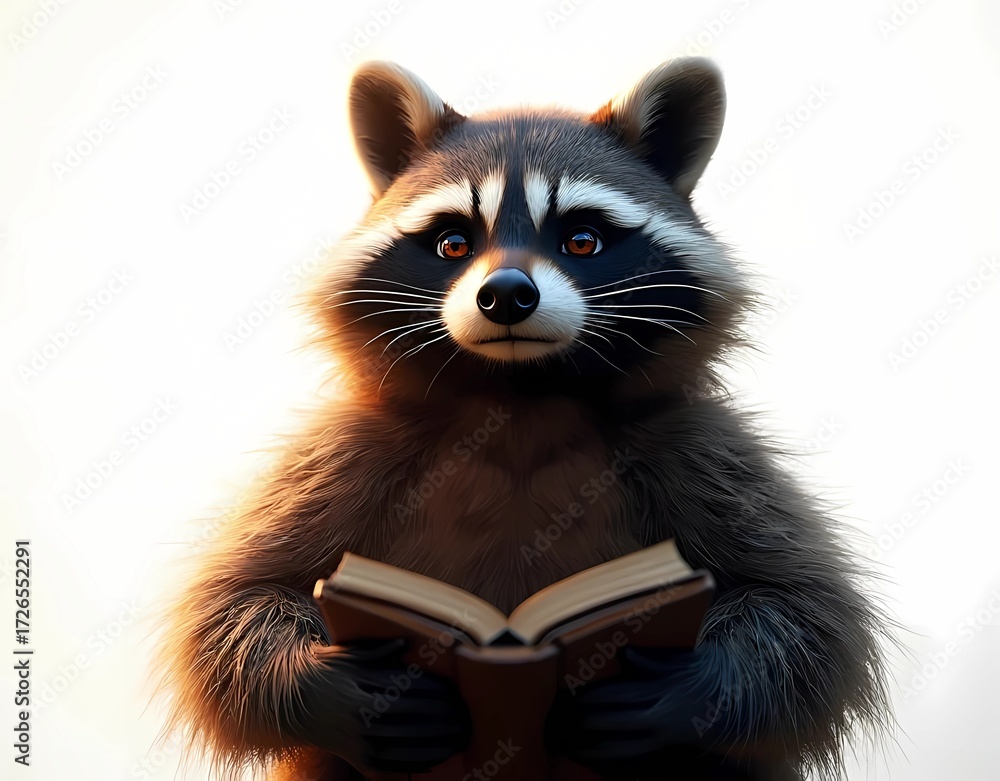 Naklejka premium Realistic raccoon illustration with a serious expression while reading a book on a white background. Perfect for education concepts, smart animals, and literacy designs.