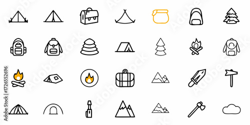 Vibrant collection of camping and adventure icons featuring tents, backpacks, campfires, and mountainous landscapes for outdoor exploration themes