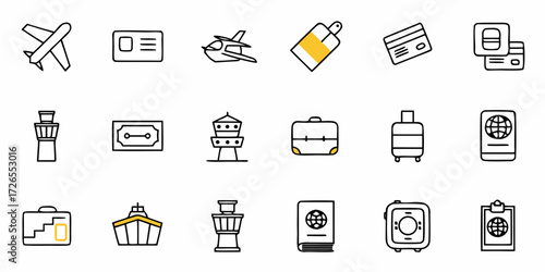 Dynamic travel icons capture the essence of global journeys from boarding passes and passports to luggage and airport control towers