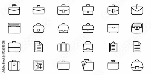 Professional business icons showcasing diverse briefcases, folders, documents, and calculators for modern corporate design needs