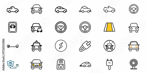 Vibrant automotive icons collection showcasing electric vehicles, charging stations, and traffic symbols for modern transportation themes