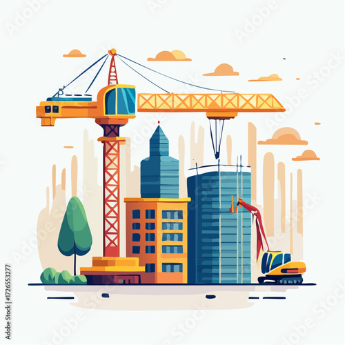 Illustration of a city skyline under construction with a crane and excavator