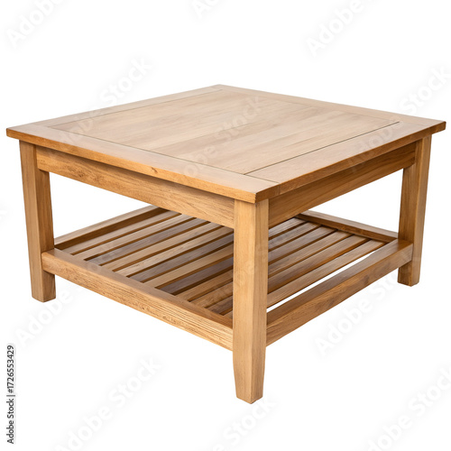 Square Wooden Coffee Table with Lower Shelf on Black Background Keywords: coffee table, wooden table, square table