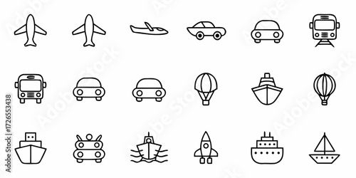 Dynamic collection of modern transportation icons featuring airplanes cars trains boats hot air balloons and rockets for travel concepts
