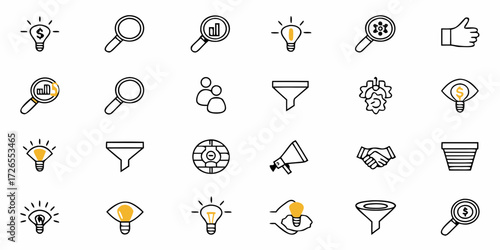 Dynamic business icons representing ideas, analysis, teamwork, and growth for modern commercial projects and presentations.