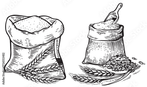 Vintage Hand-Drawn Rice and Grain Illustrations – Rustic Farm Produce, Sacks, Bowls, Harvest Elements, Black and White Engraving Set