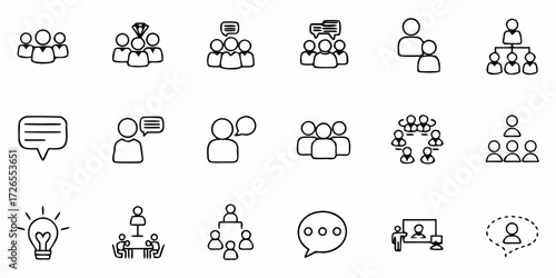 Dynamic set of business icons representing teamwork, communication, leadership, and innovative ideas for modern professional use.