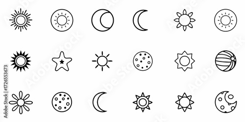 Charming collection of playful sun, moon, and star icons perfect for children's designs, educational materials, and whimsical branding projects.