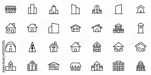 Modern minimalist line art icons representing diverse buildings and houses, perfect for architectural and urban design projects