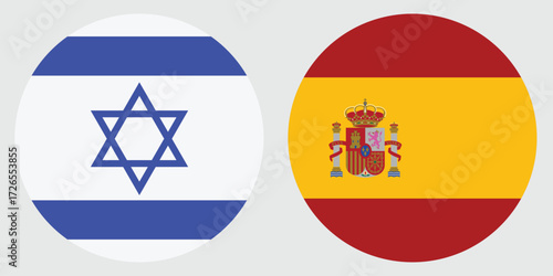 Israel and Spain Circular Flags on Grey Background – National Symbols of Unity, Culture, and International Relations