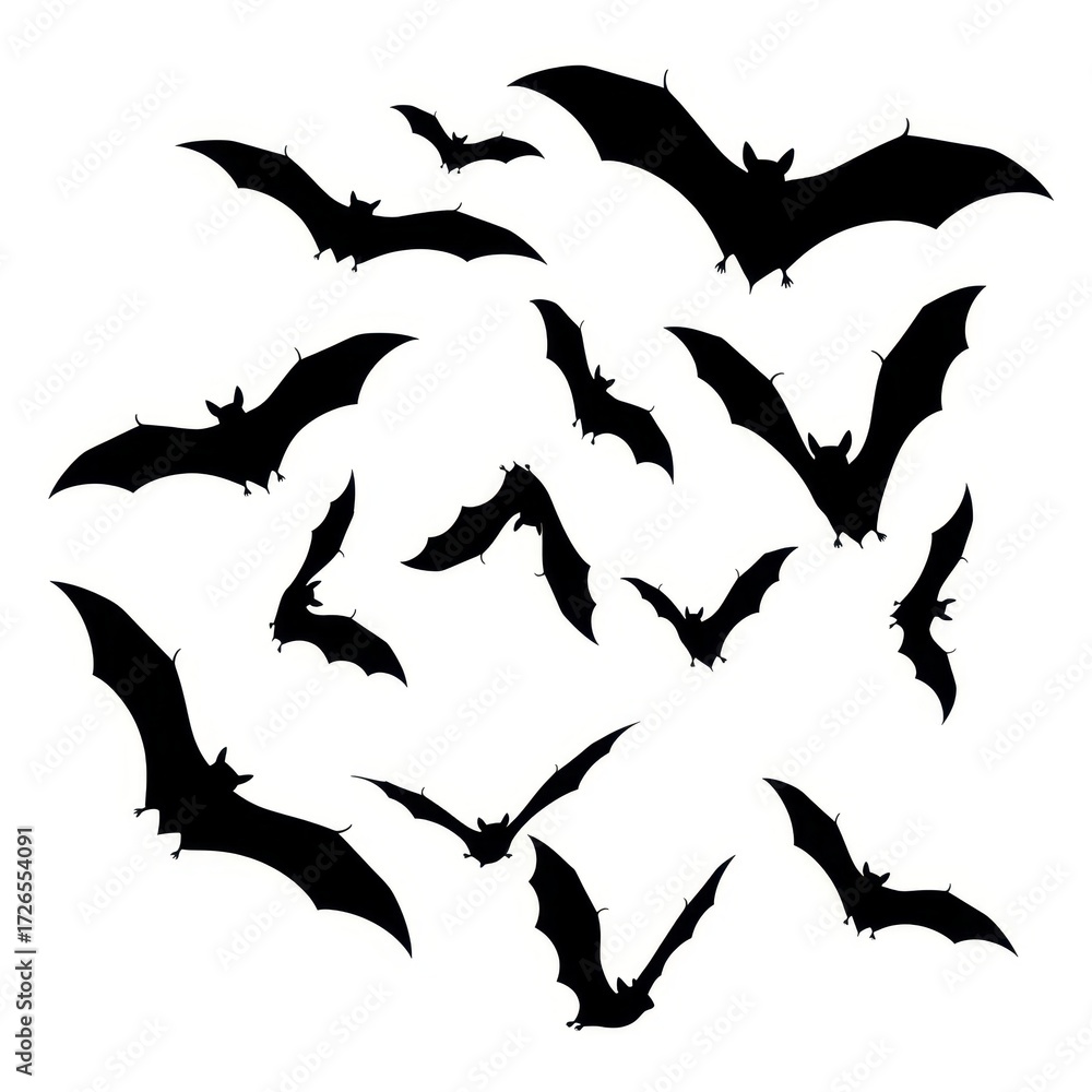 Naklejka premium Mysterious swarm of silhouetted bats flying freely through the air
