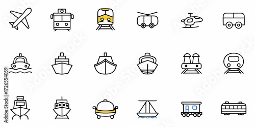 Dynamic collection of modern transportation icons featuring airplanes, trains, boats, helicopters, and buses for travel and logistics concepts