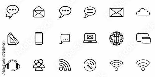 Modern communication and technology icons representing messaging, connectivity, and business essentials for digital platforms