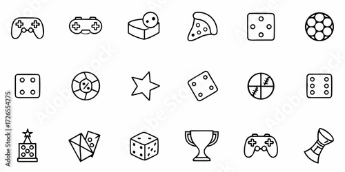 Dynamic collection of gaming icons, dice, trophies, and pizza perfect for entertainment apps, websites, and creative projects
