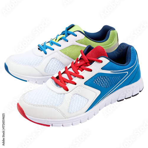 Two Athletic Sneakers with White Mesh and Colorful Laces on Black Keywords: athletic shoes, sneakers, running shoes, sports
