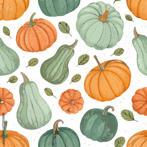 Seamless pattern featuring pumpkins and gourds in muted greens and oranges