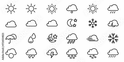 Diverse weather icons depicting sun, clouds, rain, snow, moon, and stormy conditions perfect for forecasting apps and climate information design projects