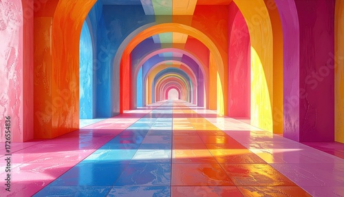 A vibrant, colorful arched hallway stretches into a luminous perspective, featuring a rainbow spectrum of hues and a glossy tiled floor reflecting the vibrant colors.