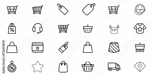 Charming collection of hand-drawn e-commerce icons including shopping carts, bags, tags, and delivery trucks for online retail design