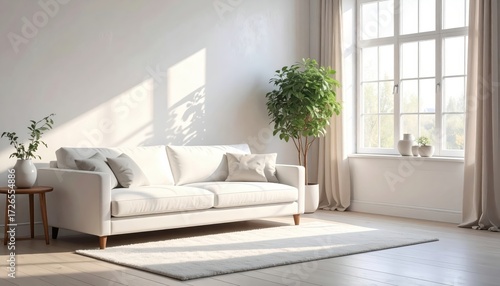A sun-drenched living room boasts a soft white sofa, a leafy plant, and a large window.