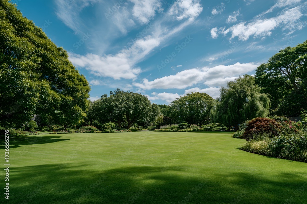 Naklejka premium Lush Green Lawn with Trees and Blue Sky