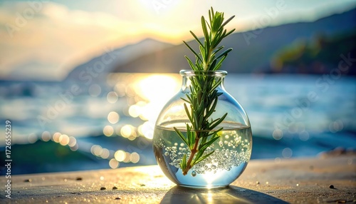 A small, round glass vase filled with water and rosemary sits on a wooden surface, bathed in the soft light of a beautiful seaside sunset.