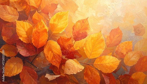 A vibrant display of autumn leaves, highlighted by warm, golden light.