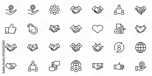 Diverse business icons symbolizing collaboration, agreement, success, global connections, and teamwork for professional presentations and marketing