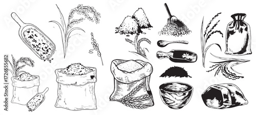 Vintage Hand-Drawn Rice and Grain Illustrations – Rustic Farm Produce, Sacks, Bowls, Harvest Elements, Black and White Engraving Set