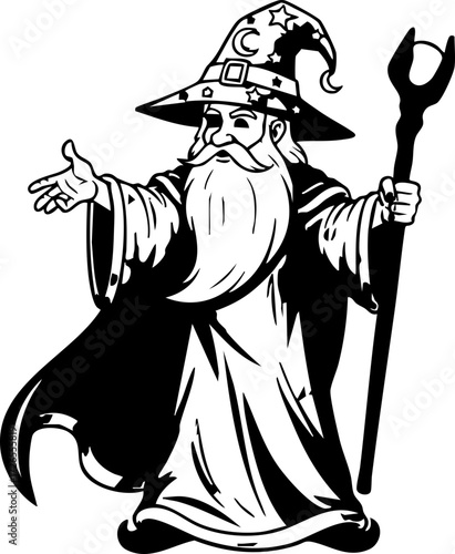 Bild auf Leinwand Mystical wizard with flowing beard and starry hat gestures invitingly holding a staff, radiating magical power and ancient wisdom for fantasy themes