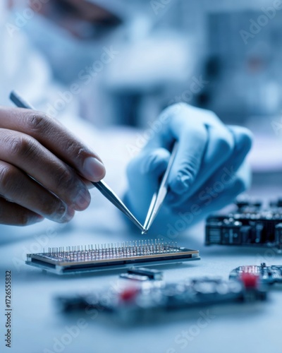 Professional Quantum Computing Engineers Working with Precision Tools on High-Quality Microchip Modern Tech Innovation for Corporate Marketing Content