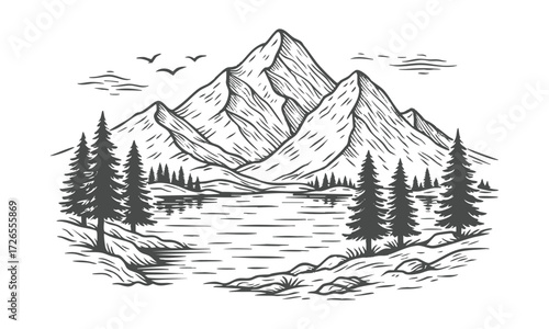 Hand-drawn Mountain Lake Ink Landscape Minimal Black and White Vector illustration, illustration of mountains and pine trees,  t-shirt design, easily editable and scalable.