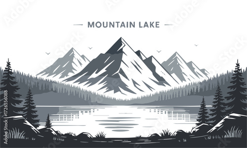 Hand-drawn Mountain Lake Ink Landscape Minimal Black and White Vector illustration, illustration of mountains and pine trees,  t-shirt design, easily editable and scalable.
