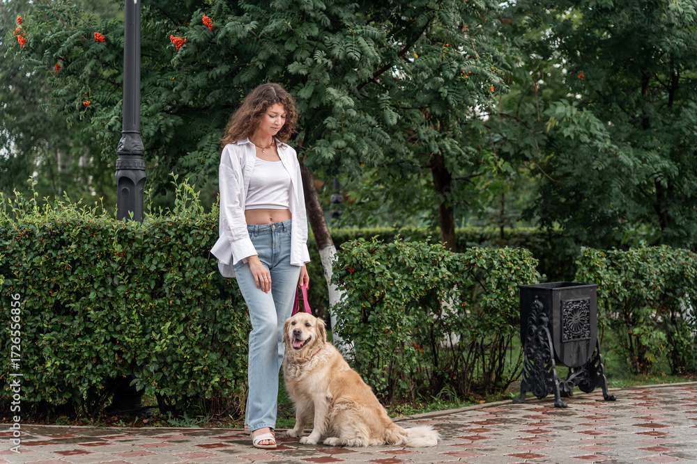 custom made wallpaper toronto digitalYoung woman walking golden retriever on leash in park.