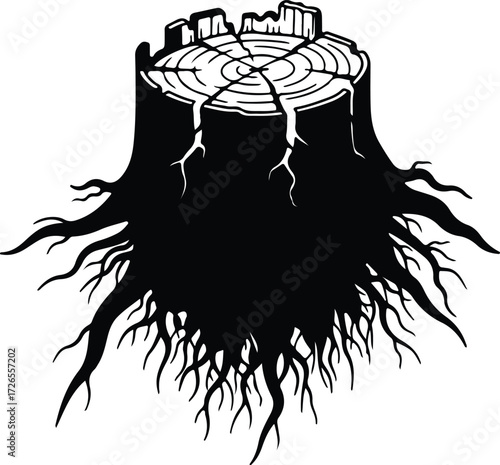 Vector Old tree stump with roots in silhouette Illustrator