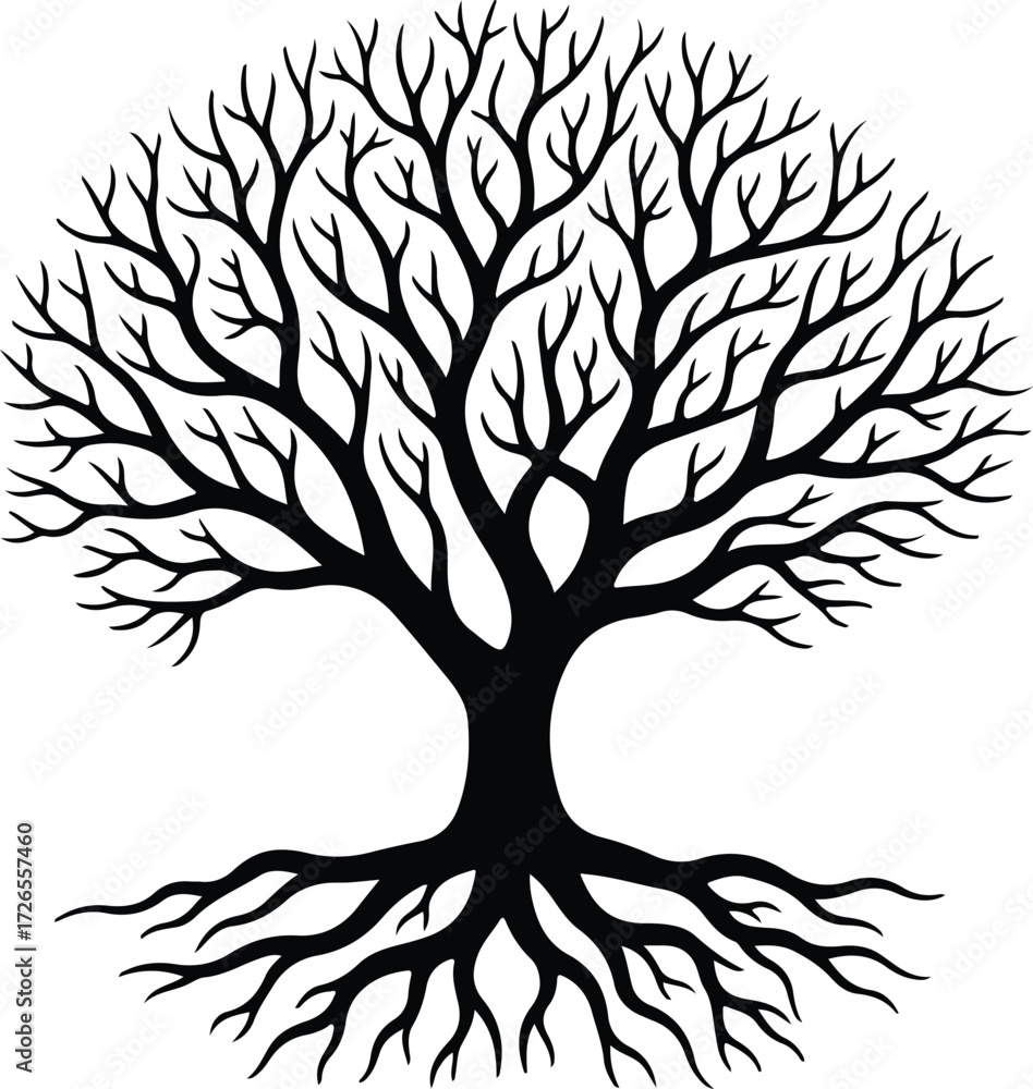 Obraz premium Vector Round tree with roots bare branches silhouette Illustrator
