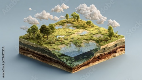 3D isometric landscape, cross-section of land and water, with trees and clouds