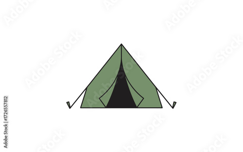 Simple illustration of a green A-frame camping tent with an open entrance, ready for outdoor adventure.