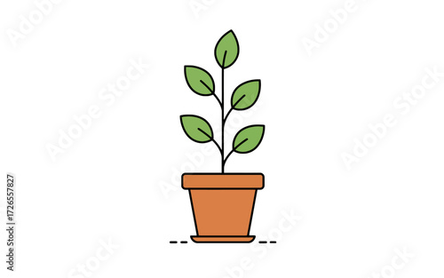 A simple illustration of a green plant growing in a terracotta pot with a saucer.