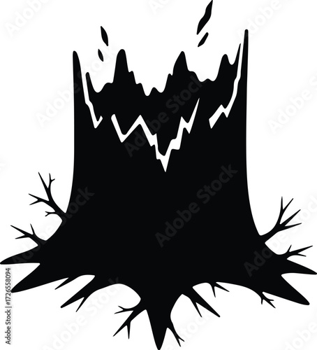 Vector Tree stump silhouette with broken branches and cracked bark Illustrator