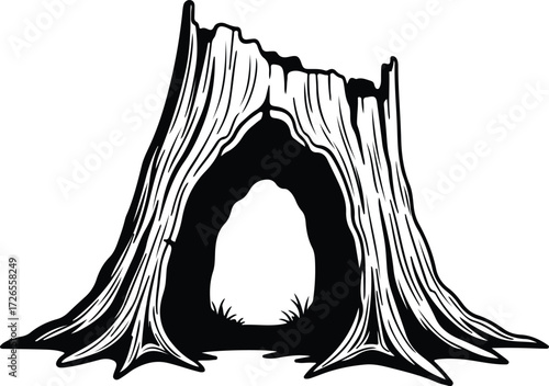 Vector Tree stump with hollow monochrome nature scene silhouette Illustrator