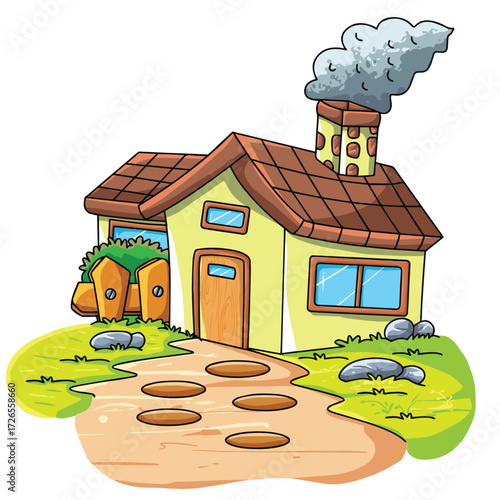 Cute cartoon hand drawn vector house with a chimney clipart.