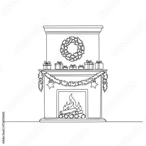 Christmas fireplace with decorative wreath, gifts, and garland  
