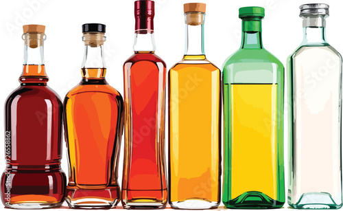 Set of six glass bottles with colorful liquids vector illustration for packaging and culinary design