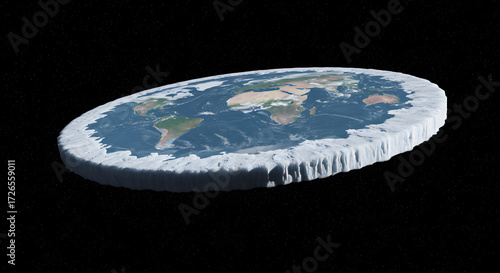 Conceptual flat earth model with continents and oceans against a black background