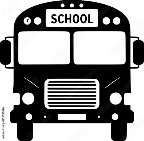 a black and white school bus, front view,  vector graphic 