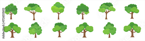 Set of twelve cartoon green trees with brown trunks in flat vector style. Tree collection isolated on white background. Natural forest element icons. Environment and landscape design concept. Design f