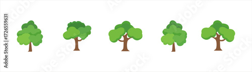 Set of twelve cartoon green trees with brown trunks in flat vector style. Tree collection isolated on white background. Natural forest element icons. Environment and landscape design concept. Design f